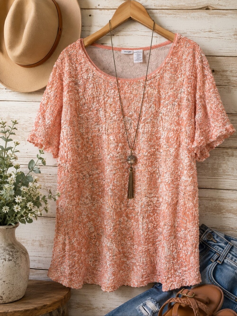 East 5th Woman 1X Coral Lace Overlay Short Sleeve Top